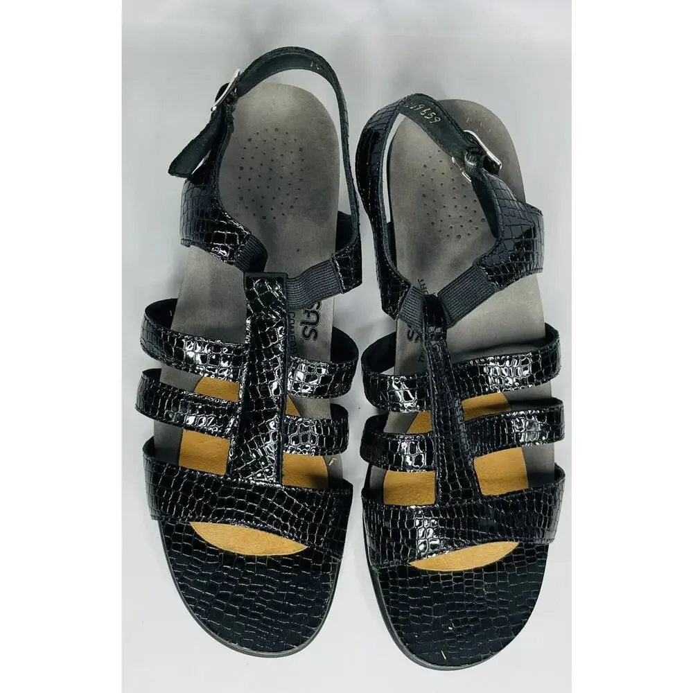 SAS Tripad Allegro Black Patent Leather Croc Snake‎ Print Heel Sandals Sz 10 N